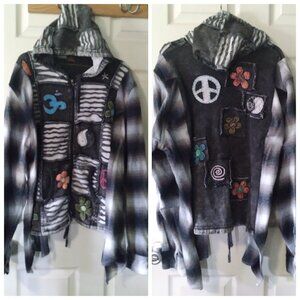 upcycled reworked flannel shirt w/ shredded boho hoodie sewn in the center